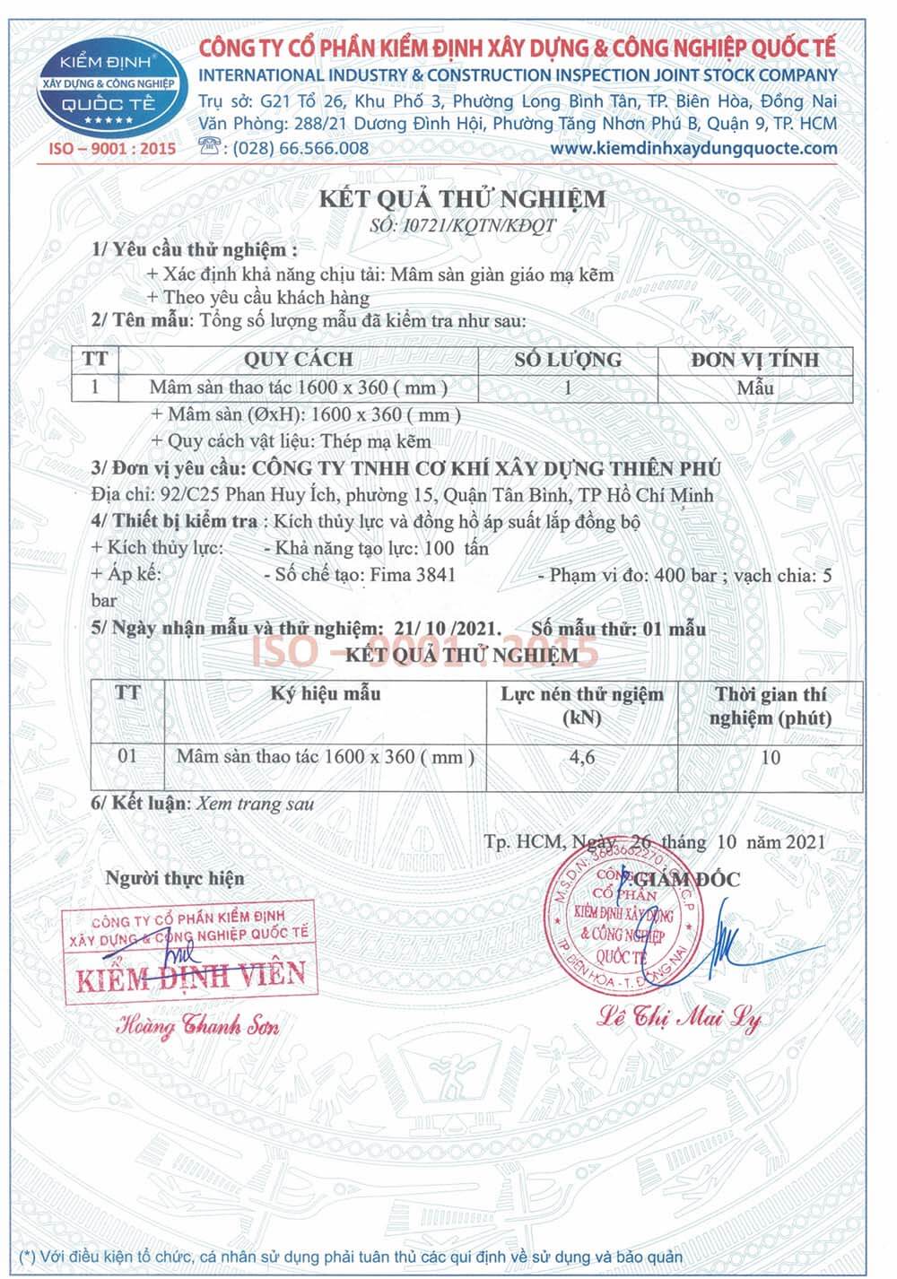 Kiểm định mâm giàn giáo Thiên Phú