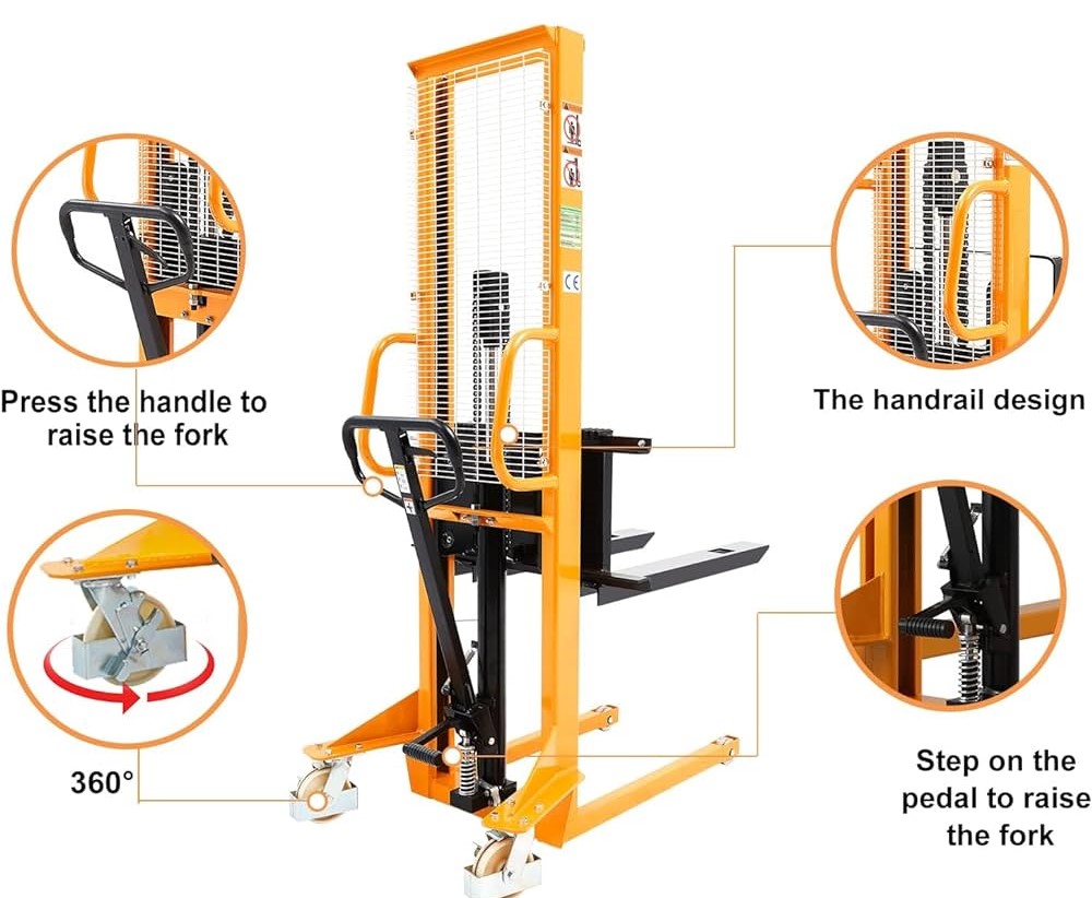 Xe nâng tay cao mast đứng để xếp pallet lên kệ kho