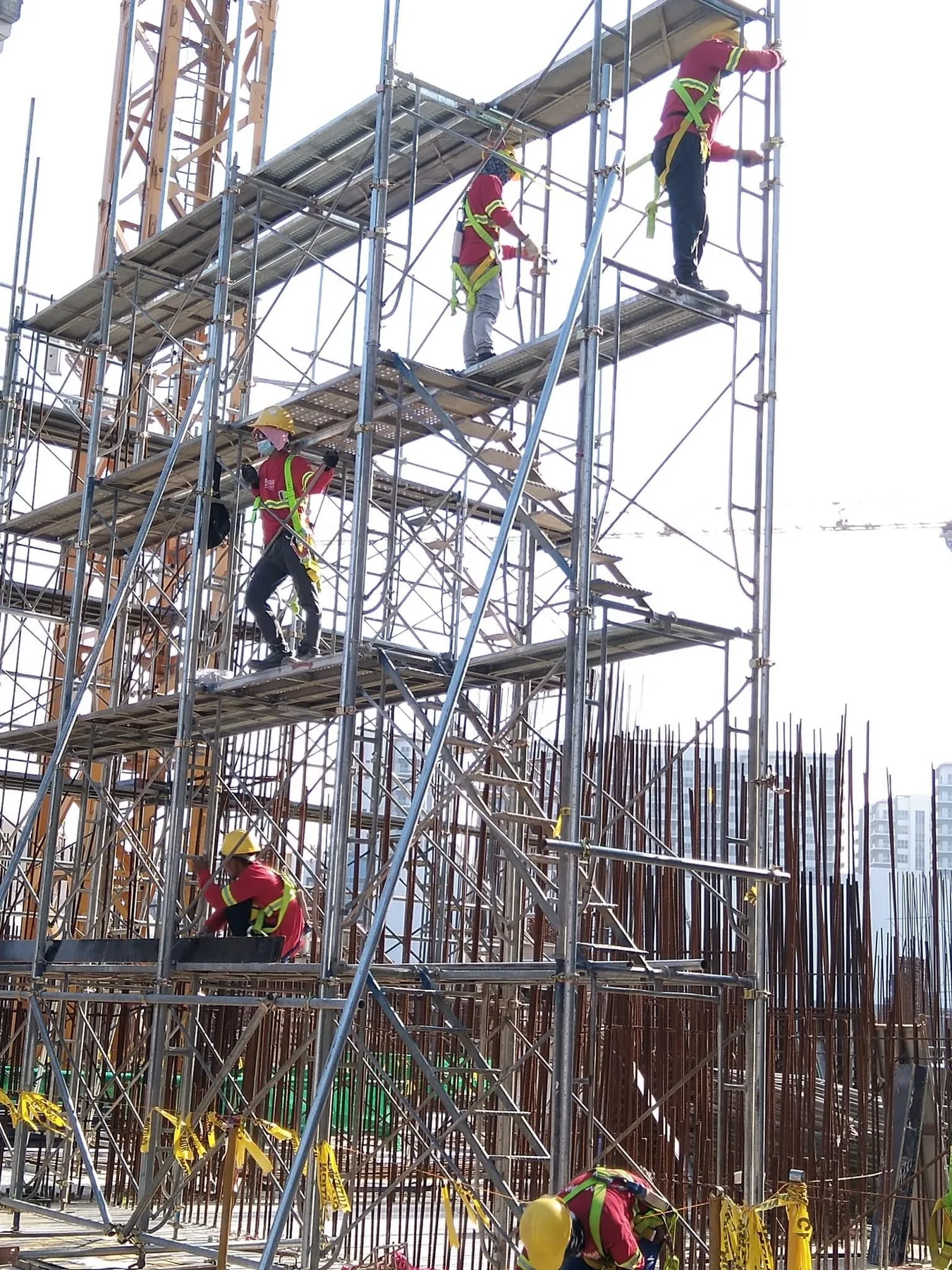 Công nhân lắp dựng giàn giáo khung với dây an toàn